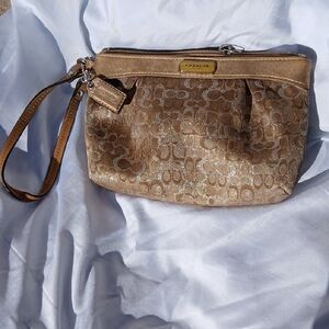 Coach Wristlet Wallet Women Gold Small Zipper Pocket Brown Tan